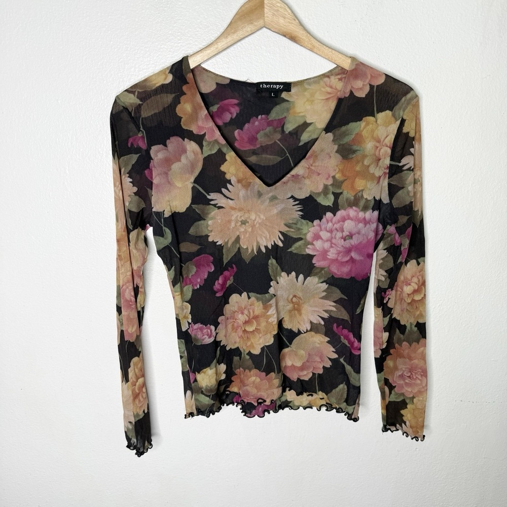 Vintage Y2K Therapy Floral Mesh Long Sleeve Lettuce Hem Top Shirt Women's